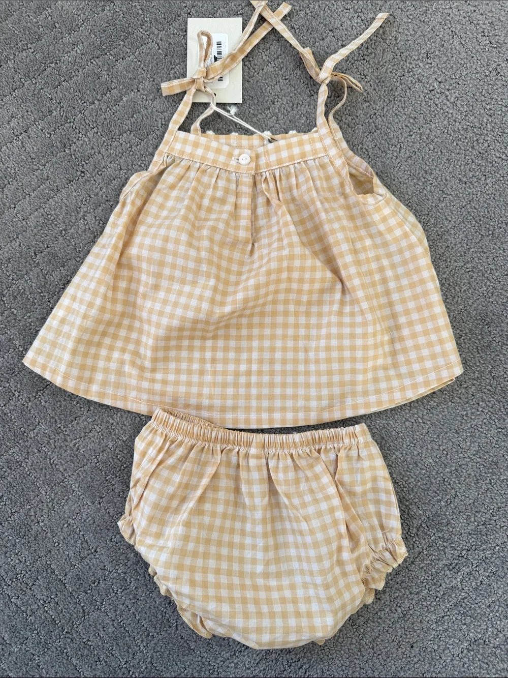 Yellow Gingham Daisy-Trim Tie-Strap Dress & Bloomers Set